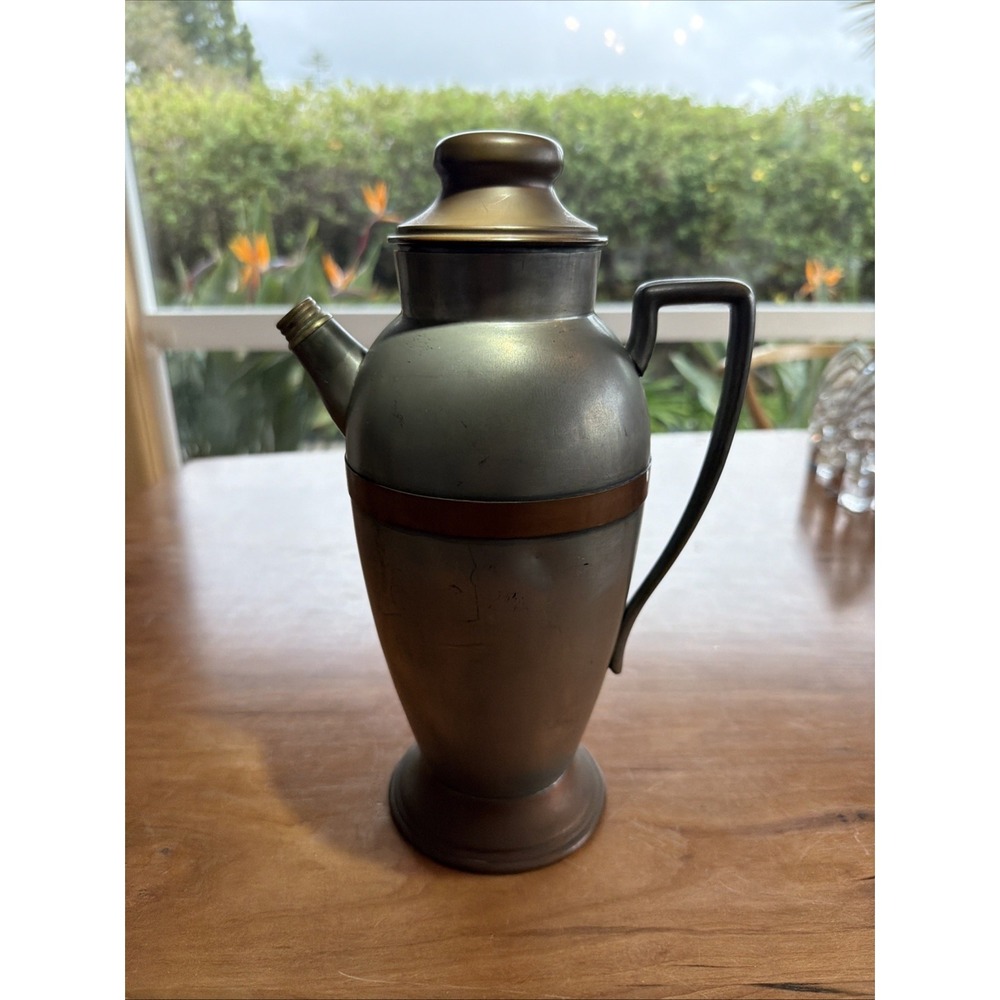 Vintage Pewter Coffee Pot w Copper Band 11" | Mid Century | Threaded Spout